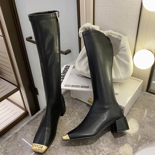 boots women luxury 2021 winter designer knee high black block heels yarn elastic pleaser long thigh party shoes